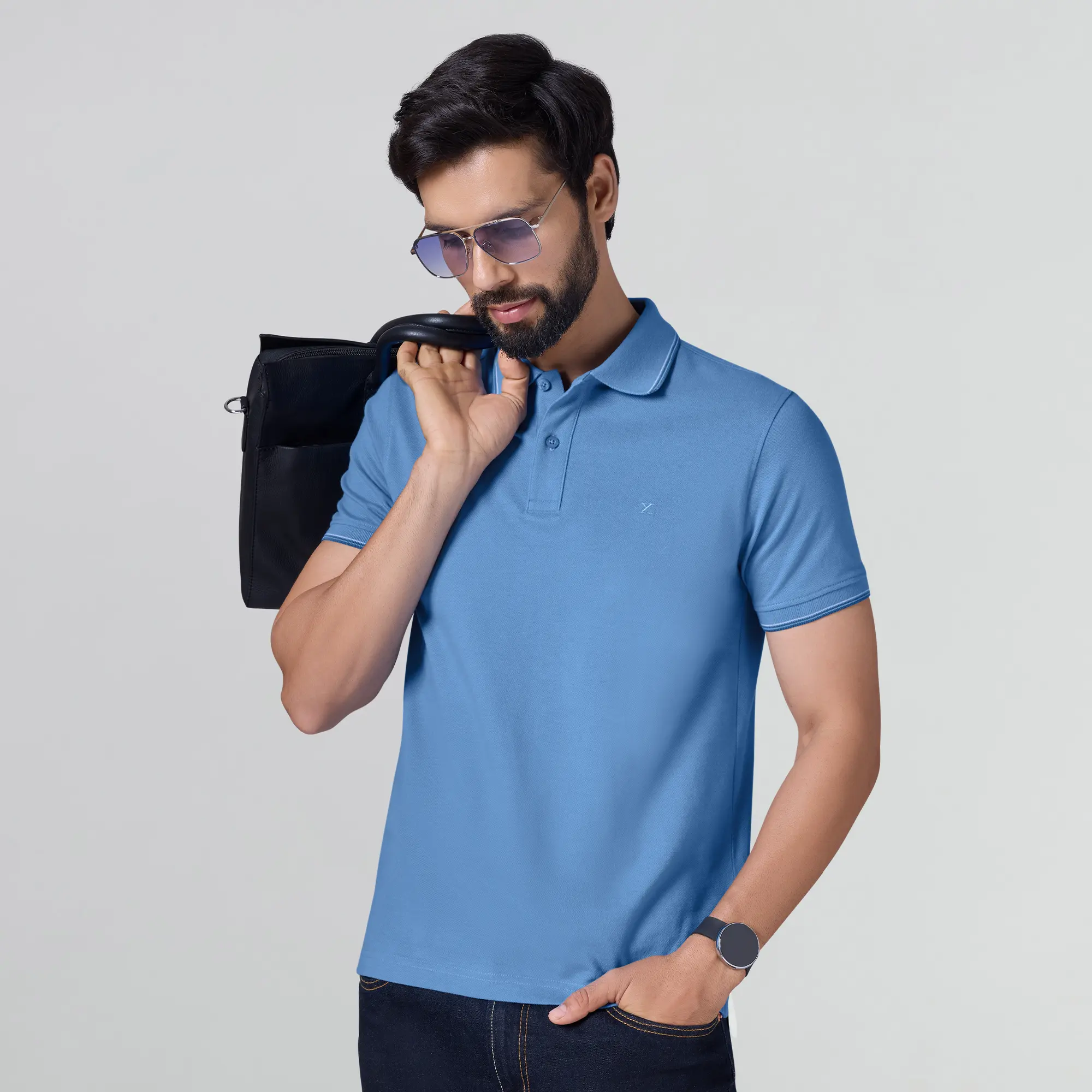 Accent Cotton Polo T-shirt - French Blue - Image 5