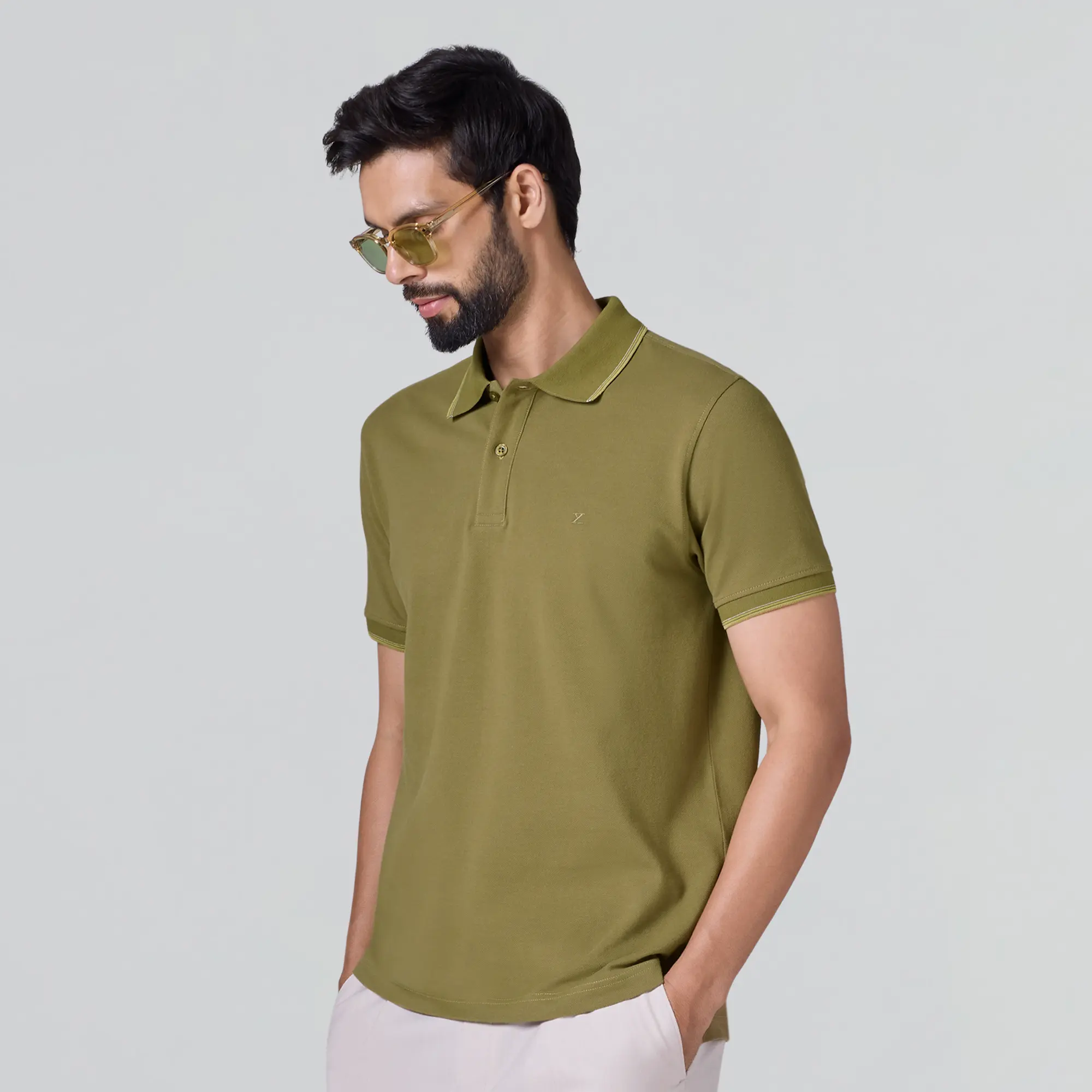 Accent Cotton Polo T-shirt - Olive Green - Image 3