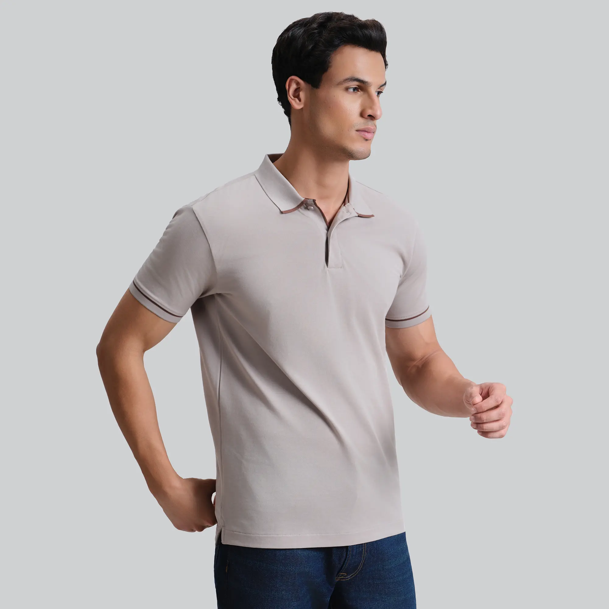 Pique Polo T-shirt - Warm Grey - Image 3