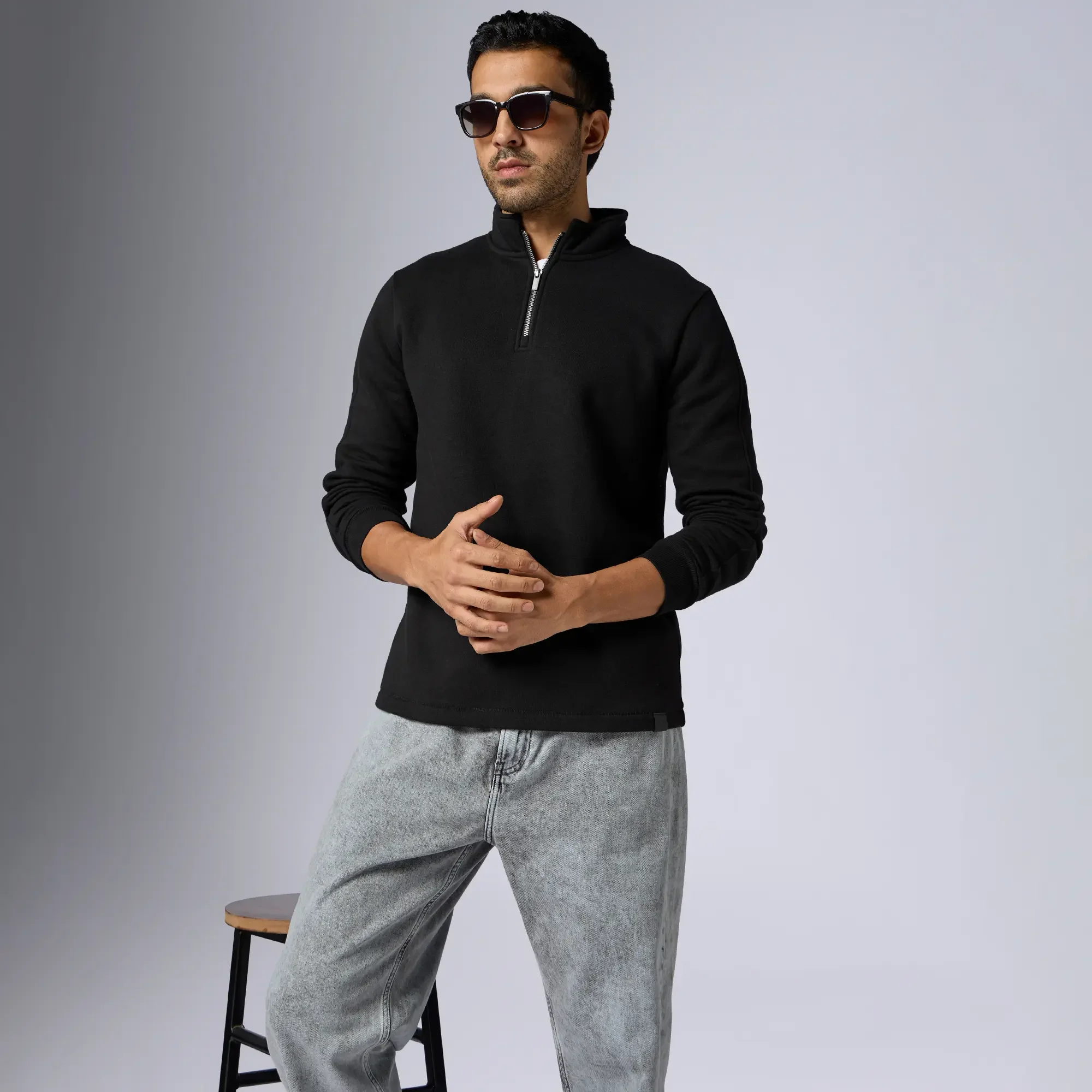 Pulse French Terry Cotton Blend Half Zip Pullover Pitch Black - Image 4
