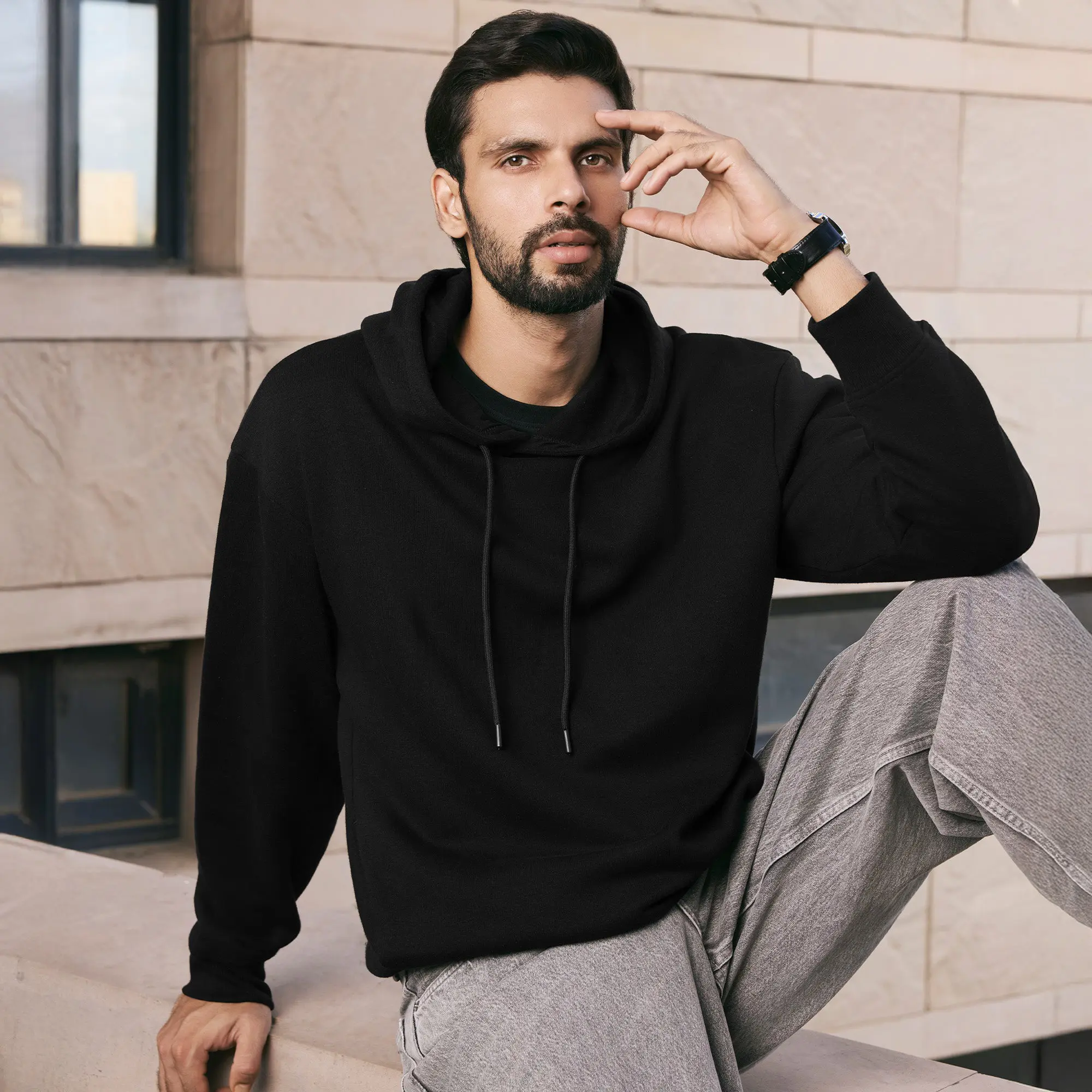 Pulse French Terry Cotton Blend Oversized Hoodies Pitch Black