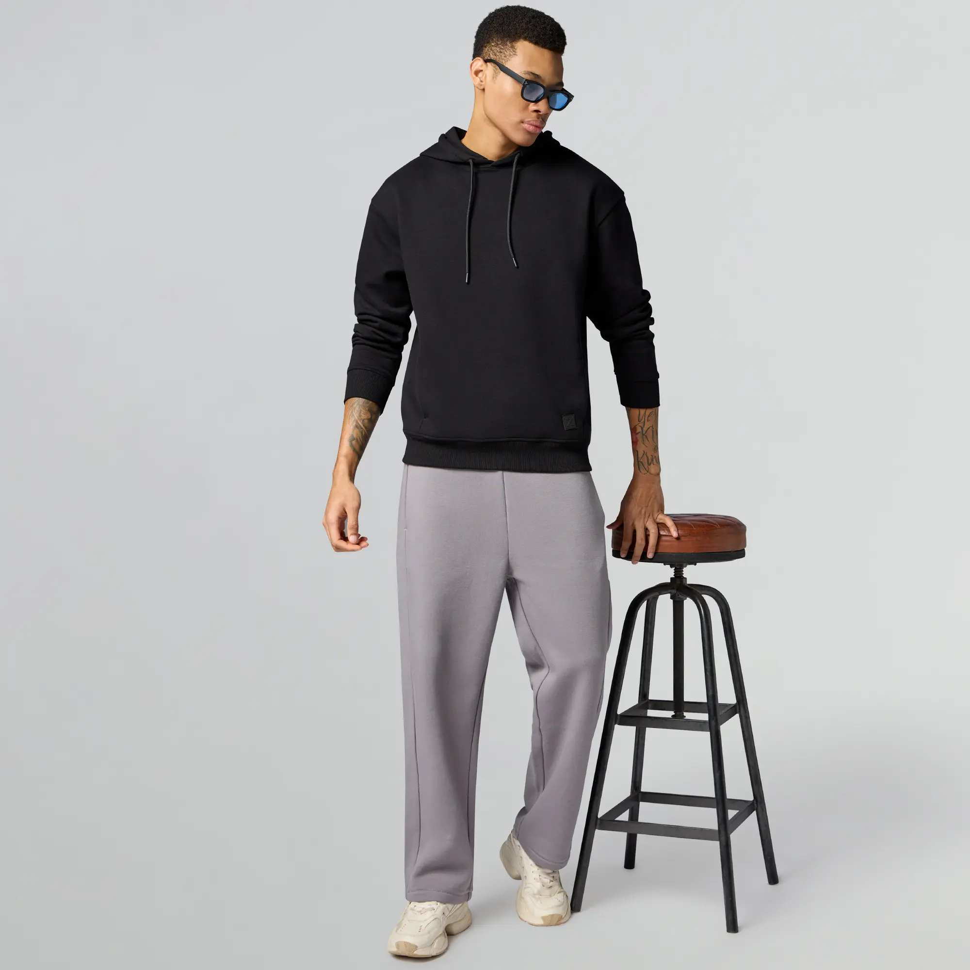 Pulse French Terry Cotton Blend Oversized Hoodie And Sweatpants Co Ord Set Pitch Black And Opal Grey